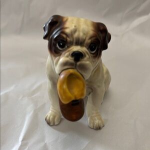Charming vintage Bulldog Figurine with Shoe - Brown and White